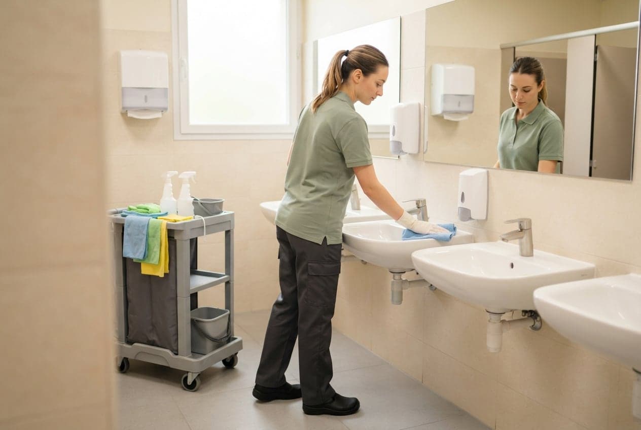 Intervenante nettoyant les lavabos de sanitaires professionnels