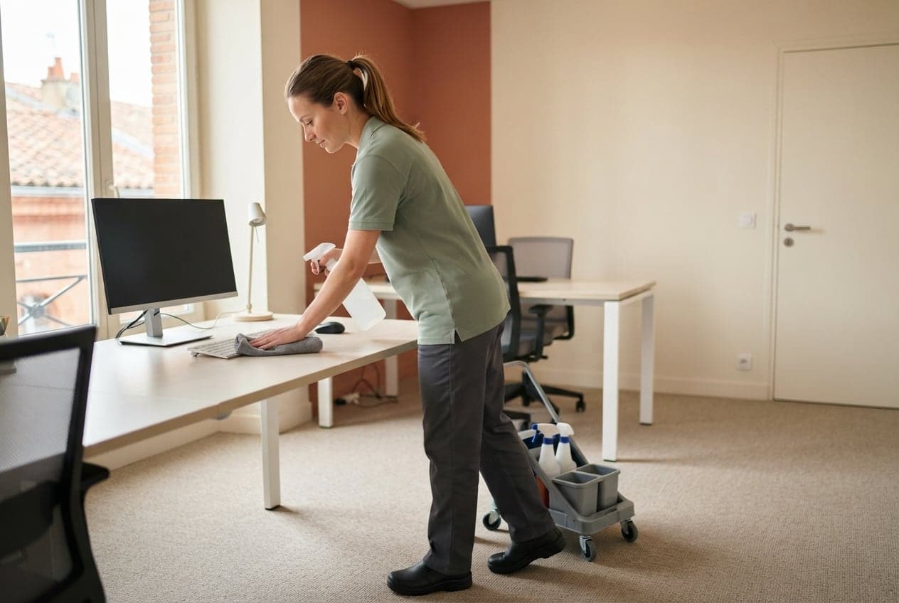 Intervenante essuyant un bureau à la microfibre et au vaporisateur, chariot de ménage à ses côtés, dans un bureau clair