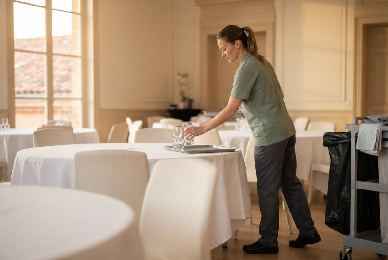 Salle de réception après un événement, intervenante débarrassant les tables