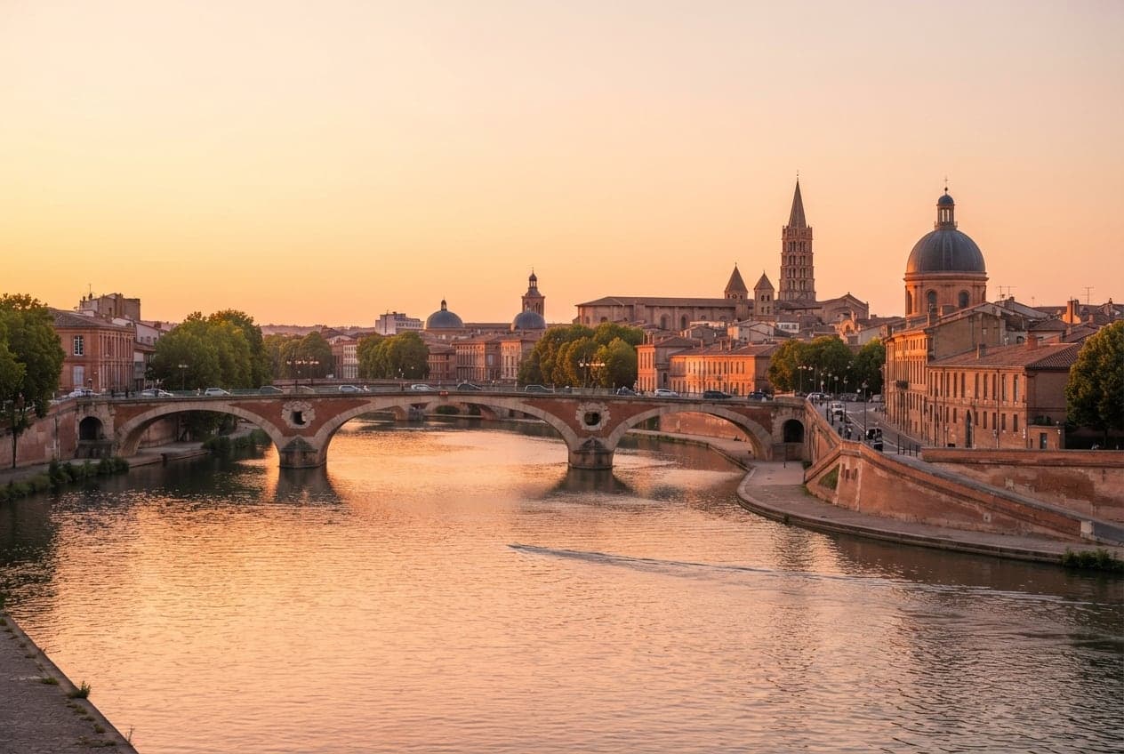 La Garonne, le Pont-Neuf et les quais de brique rose de Toulouse au coucher du soleil
